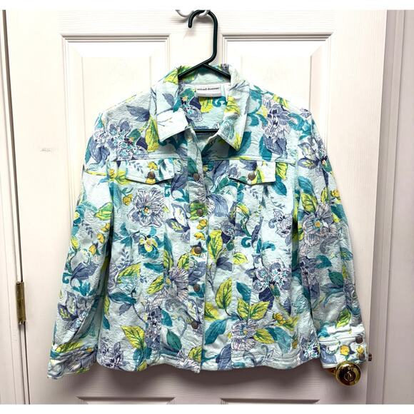 Alfred Dunner Pastel Jean Jacket, Light Sequins, Floral Print, Women's Size 12P - Picture 1 of 8